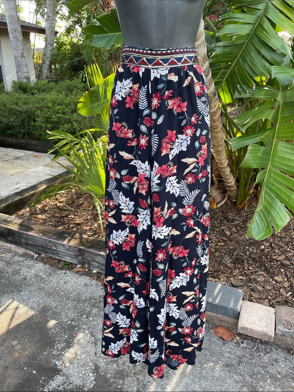 Jaase dark floral wide leg pants with a sequin waistband